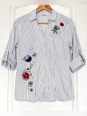 Dolcezza Summer Bouquet Embroidered Striped Blouse Sz S Mixed Media Art To Wear